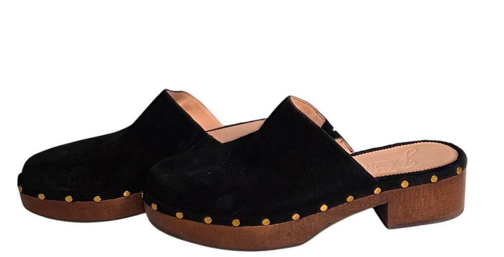 J.Crew Dakota Clogs Women's 8.5 Black Suede Studded Wooden Sole Dress Shoes
